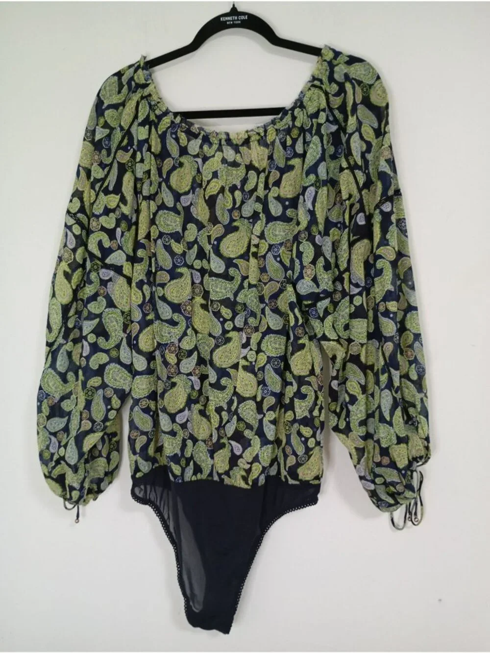 Free People Paisley Print Bodysuit Long Sleeves & Drawstring Cuffs XL Navy Green - Picture 12 of 13